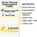 LL1000-24 - 100 x 35mm Direct Thermal Polypropylene Labels With Permanent Adhesive on 25mm Cores