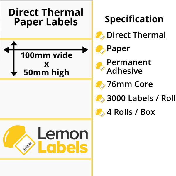 LL1005-20 - 100 x 50mm Direct Thermal Paper Labels With Permanent Adhesive on 76mm Cores
