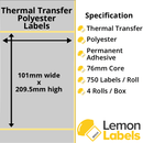 LL1017-27 - 101 x 209.5mm Silver Polyester Labels With Permanent Adhesive on 76mm Cores