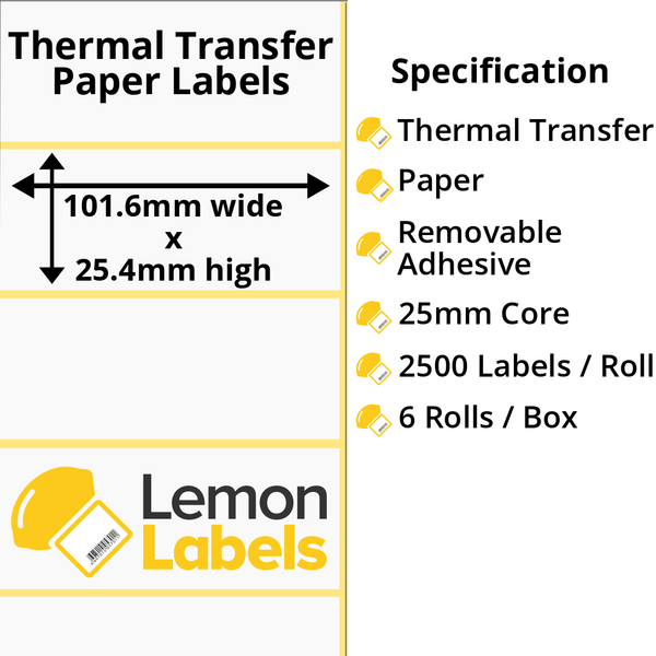 LL1021-23 - 101.6 x 25.4mm Thermal Transfer Paper Labels With Removable Adhesive on 25mm Cores