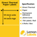 101.6 x 101.6mm Yellow Direct Thermal Paper Labels With Permanent Adhesive on 25mm Cores - LL1033-20Y
