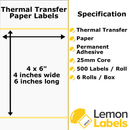LL1039A-21 - 4x6" Thermal Transfer Paper Labels With Permanent Adhesive on 25mm Cores