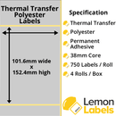 LL1040-27 - 101.6 x 152.4mm Silver Polyester Labels With Permanent Adhesive on 38mm Cores