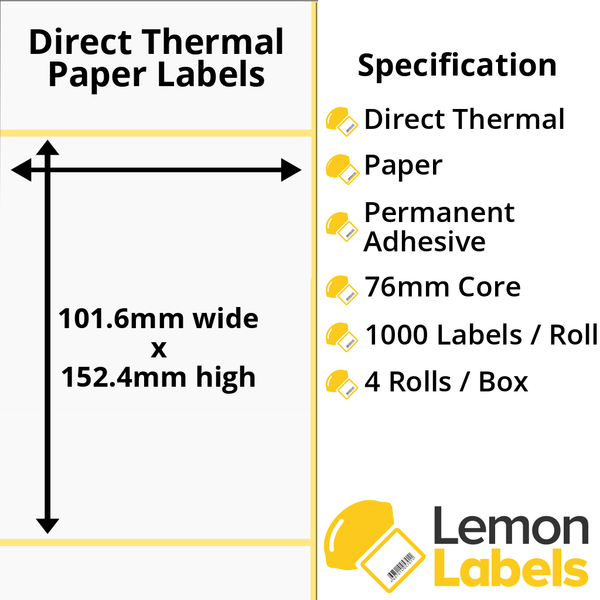 LL1041-20 - 101.6 x 152.4mm Direct Thermal Paper Labels With Permanent Adhesive on 76mm Cores For Industrial Label Printers