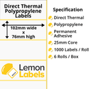 LL1060-24 - 102 x 76mm Direct Thermal Polypropylene Labels With Permanent Adhesive on 25mm Cores