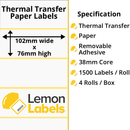 LL1061-23 - 102 x 76mm Thermal Transfer Paper Labels With Removable Adhesive on 38mm Cores