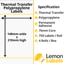 LL1080-26 - 148 x 210 mm Gloss White Thermal Transfer Polypropylene Labels With Permanent Adhesive on 76mm Cores