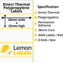 LL1097-24 - 38 x 25mm Direct Thermal Polypropylene Labels With Permanent Adhesive on 38mm Cores