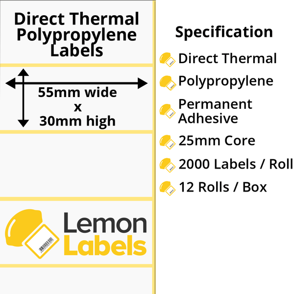 LL1138-24 - 55 x 30mm Direct Thermal Polypropylene Labels With Permanent Adhesive on 25mm Cores