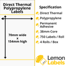 LL1160-24 - 70 x 154mm Direct Thermal Polypropylene Labels With Permanent Adhesive on 38mm Cores