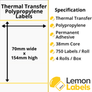 LL1160-26 - 70 x 154mm Gloss White Thermal Transfer Polypropylene Labels With Permanent Adhesive on 38mm Cores
