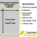 LL1160-27 - 70 x 154mm Silver Polyester Labels With Permanent Adhesive on 38mm Cores