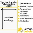 LL1161-26 - 70 x 154mm Gloss White Thermal Transfer Polypropylene Labels With Permanent Adhesive on 76mm Cores