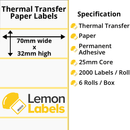 LL1165-21 - 70 x 32mm Thermal Transfer Paper Labels With Permanent Adhesive on 25mm Cores