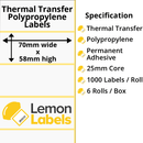 LL1168-26 - 70 x 58mm Gloss White Thermal Transfer Polypropylene Labels With Permanent Adhesive on 25mm Cores