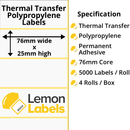 LL1176-26 - 76 x 25mm Gloss White Thermal Transfer Polypropylene Labels With Permanent Adhesive on 76mm Cores