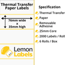 LL1177-23 - 76 x 35mm Thermal Transfer Paper Labels With Removable Adhesive on 25mm Cores