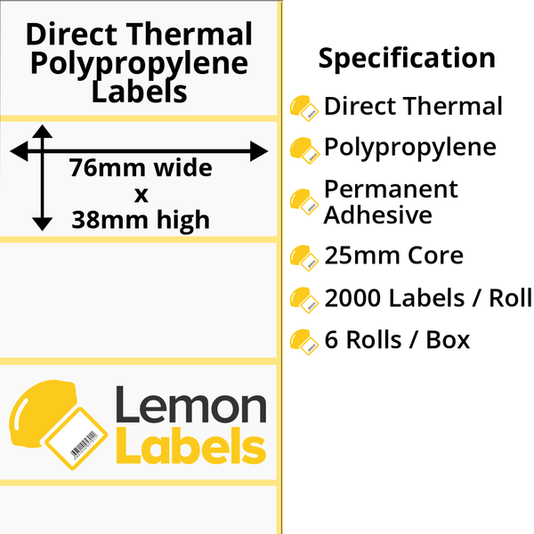 LL1180-24 - 76 x 38mm Direct Thermal Polypropylene Labels With Permanent Adhesive on 25mm Cores