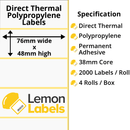 LL1187-24 - 76 x 48mm Direct Thermal Polypropylene Labels With Permanent Adhesive on 38mm Cores
