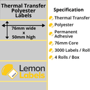 LL1191-27 - 76 x 50mm Silver Polyester Labels With Permanent Adhesive on 76mm Cores