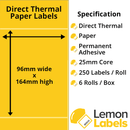 96 x 164mm Yellow Direct Thermal Paper Labels With Permanent Adhesive on 25mm Cores - LL1201-20Y