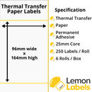 LL1201-21 - 96 x 164mm Thermal Transfer Paper Labels With Permanent Adhesive on 25mm Cores