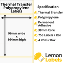 LL1202-26 - 96 x 164mm Gloss White Thermal Transfer Polypropylene Labels With Permanent Adhesive on 38mm Cores