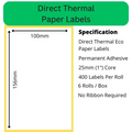 100 x 156mm Direct Thermal Labels - 400 per roll - 25mm (1") core - Permanent Adhesive - LL10015625-20