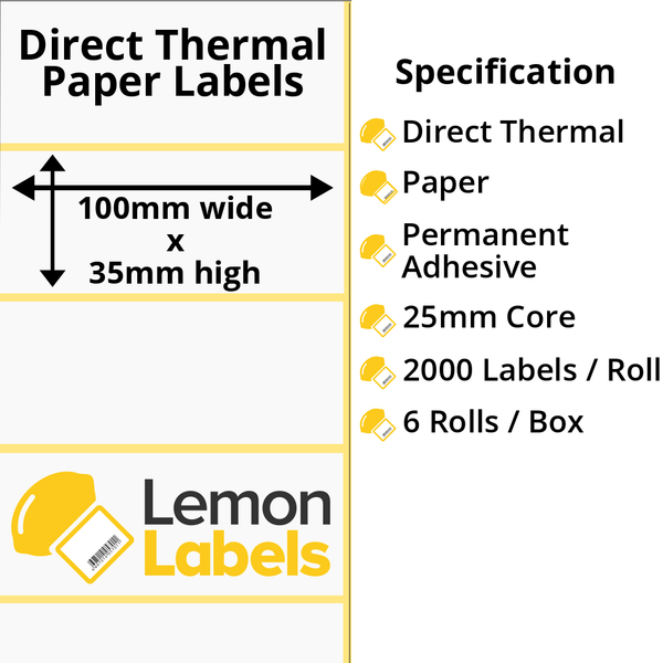 LL1000-20 - 100 x 35mm Direct Thermal Paper Labels With Permanent Adhesive on 25mm Cores