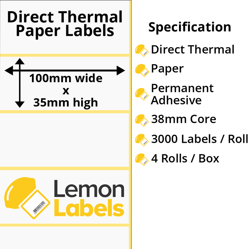 LL1001-20 - 100 x 35mm Direct Thermal Paper Labels With Permanent Adhesive on 38mm Cores