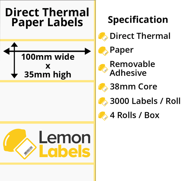 LL1001-22 - 100 x 35mm Direct Thermal Paper Labels With Removable Adhesive on 38mm Cores