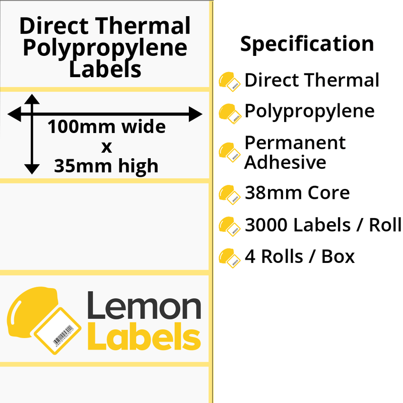 LL1001-24 - 100 x 35mm Direct Thermal Polypropylene Labels With Permanent Adhesive on 38mm Cores