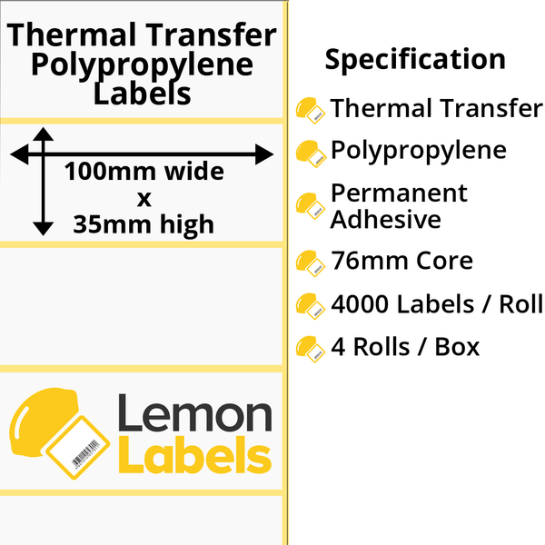 LL1002-26 - 100 x 35mm Gloss White Thermal Transfer Polypropylene Labels With Permanent Adhesive on 76mm Cores