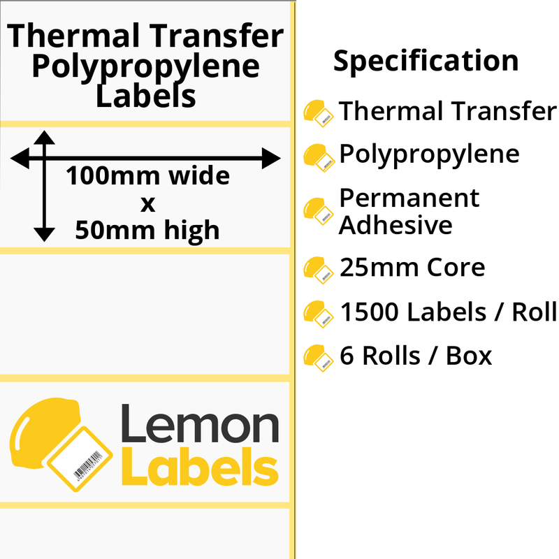 LL1003-26 - 100 x 50mm Gloss White Thermal Transfer Polypropylene Labels With Permanent Adhesive on 25mm Cores