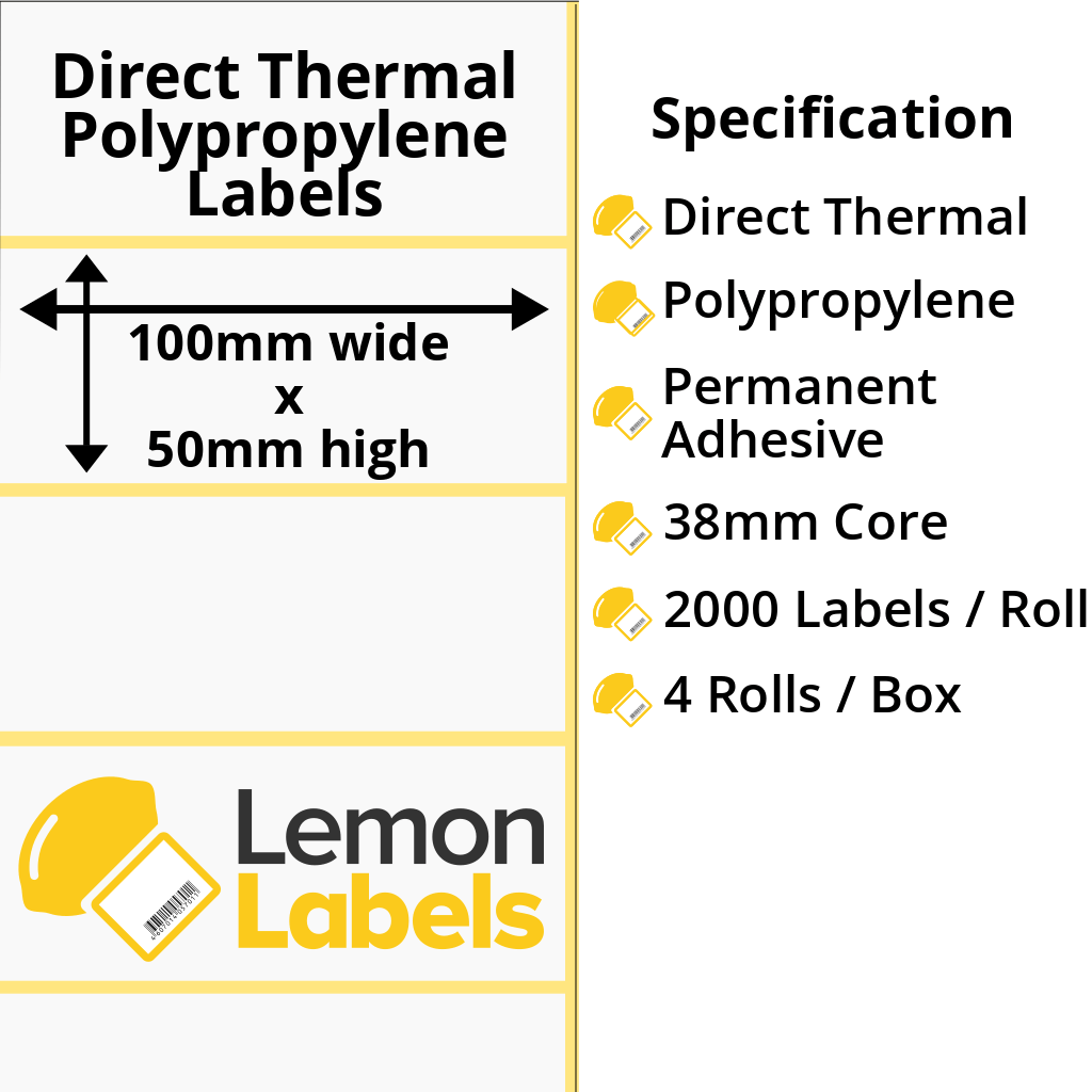 LL1004-24 - 100 x 50mm Direct Thermal Polypropylene Labels With Permanent Adhesive on 38mm Cores