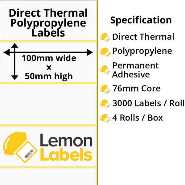 LL1005-24 - 100 x 50mm Direct Thermal Polypropylene Labels With Permanent Adhesive on 76mm Cores