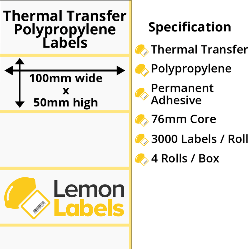 LL1005-26 - 100 x 50mm Gloss White Thermal Transfer Polypropylene Labels With Permanent Adhesive on 76mm Cores