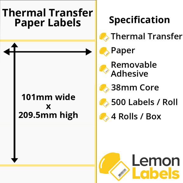 LL1016-23 - 101 x 209.5mm Thermal Transfer Paper Labels With Removable Adhesive on 38mm Cores