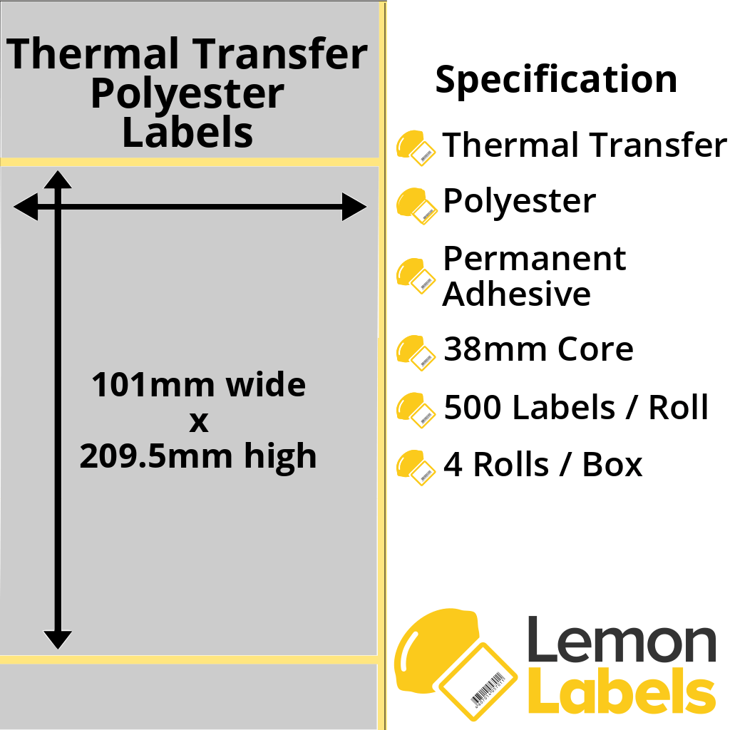 LL1016-27 - 101 x 209.5mm Silver Polyester Labels With Permanent Adhesive on 38mm Cores