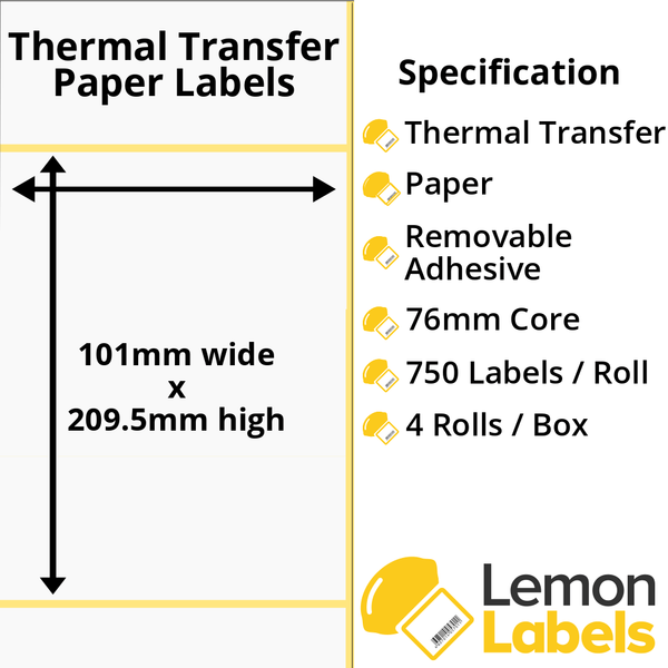 LL1017-23 - 101 x 209.5mm Thermal Transfer Paper Labels With Removable Adhesive on 76mm Cores