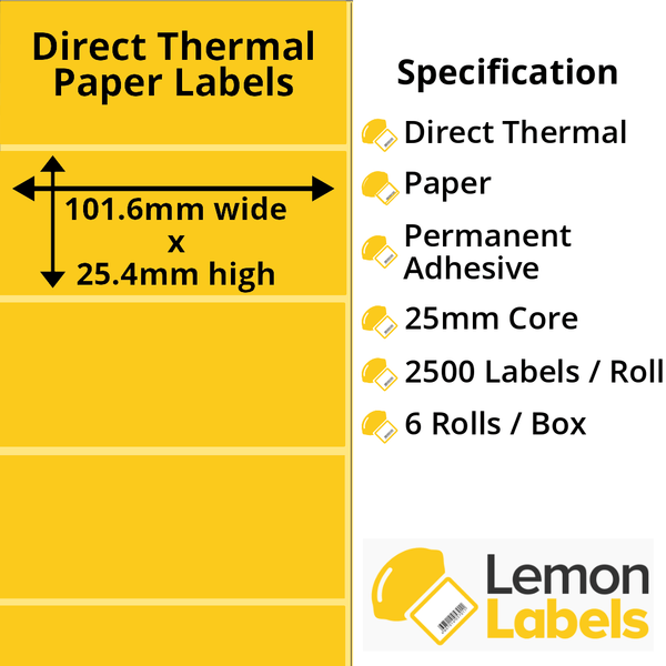 101.6 x 25.4mm Yellow Direct Thermal Paper Labels With Permanent Adhesive on 25mm Cores - LL1021-20Y
