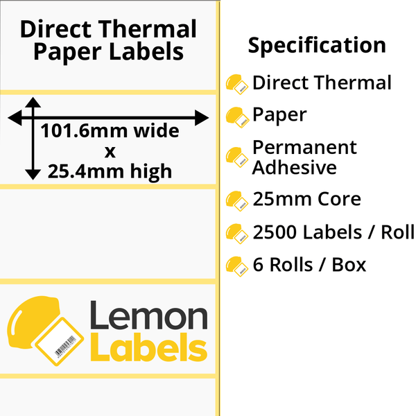 101.6 x 25.4mm Direct Thermal Paper Labels For Citizen CLP-521 / CL-S521 With Permanent Adhesive on 25mm Cores - LL1021-20-CIT