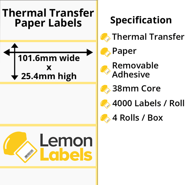 LL1022-23 - 101.6 x 25.4mm Thermal Transfer Paper Labels With Removable Adhesive on 38mm Cores
