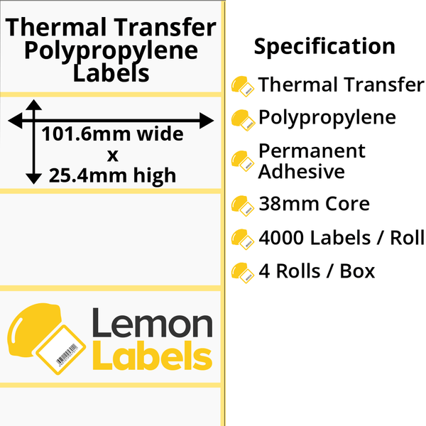 LL1022-26 - 101.6 x 25.4mm Gloss White Thermal Transfer Polypropylene Labels With Permanent Adhesive on 38mm Cores