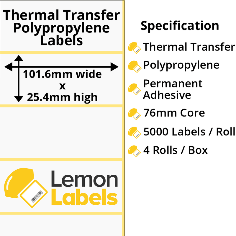 LL1023-26 - 101.6 x 25.4mm Gloss White Thermal Transfer Polypropylene Labels With Permanent Adhesive on 76mm Cores