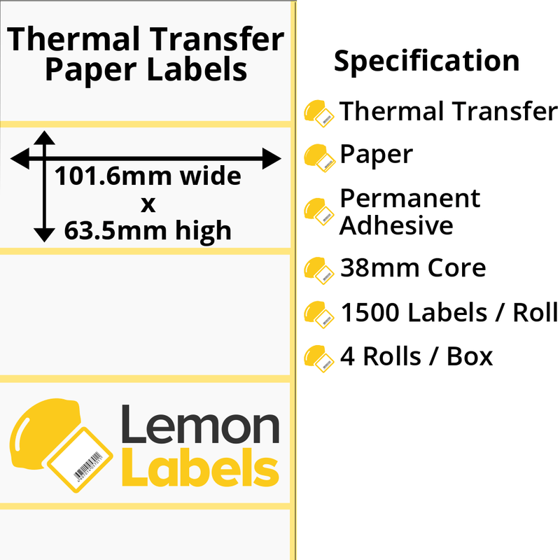 LL1025-21 - 101.6 x 63.5mm Thermal Transfer Paper Labels With Permanent Adhesive on 38mm Cores