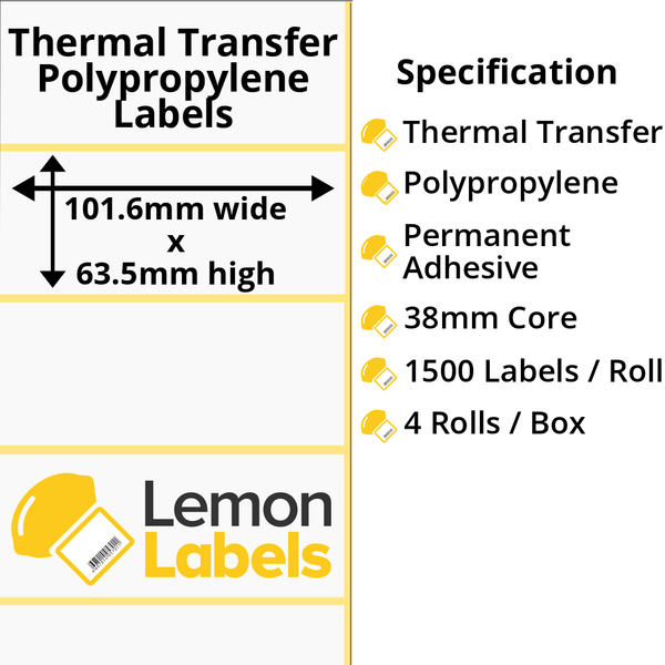 LL1025-26 - 101.6 x 63.5mm Gloss White Thermal Transfer Polypropylene Labels With Permanent Adhesive on 38mm Cores
