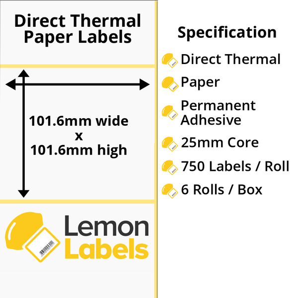 101.6 x 101.6mm Direct Thermal Paper Labels For Citizen CLP-521 / CL-S521 Printers With Permanent Adhesive on 25mm Cores - LL1033-20-CIT