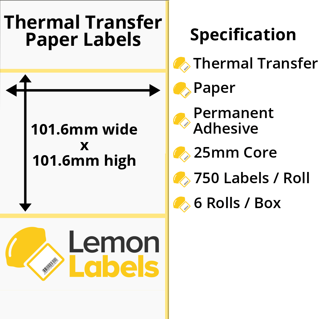 LL1033-21 - 101.6 x 101.6mm Thermal Transfer Paper Labels With Permanent Adhesive on 25mm Cores