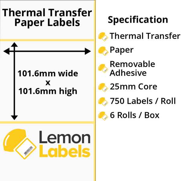 LL1033-23 - 101.6 x 101.6mm Thermal Transfer Paper Labels With Removable Adhesive on 25mm Cores